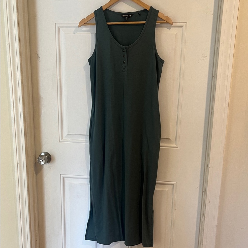 Toad&Co piru Henley midi tank dress silver line small pockets recycled hemp teal